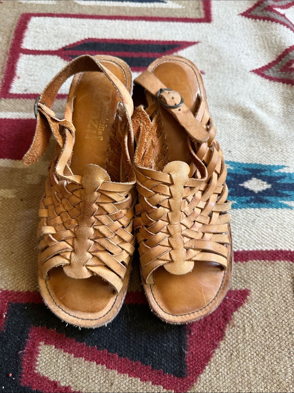 Vintage 70s Brazilian Leather Espadrille Wedge Sandal 8b